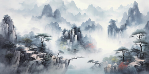 landscape with fog, Ink landscape painting in Chinese style and watercolor landscape painting of gentle mountains and river, fog