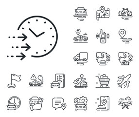 Express courier sign. Plane, supply chain and place location outline icons. Delivery time line icon. Fast shipping symbol. Delivery time line sign. Taxi transport, rent a bike icon. Travel map. Vector