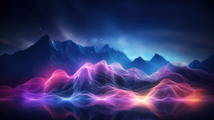 Abstract wireframe landscape design with galaxy sky. Generative Ai