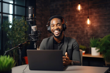 Young African American man host in headphones enjoying podcasting in his home studio. Handsome podcaster laughing while streaming live audio podcast