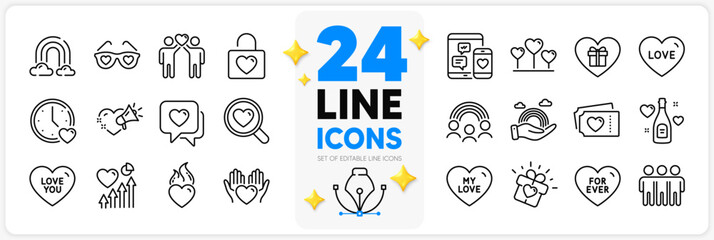 Icons set of For ever, Search love and Dating line icons pack for app with Rainbow, Heart, Love tickets thin outline icon. Inclusion, Wedding locker, Friendship pictogram. Heart flame. Vector