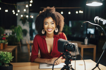 Young African American woman host in headphones enjoying podcasting in his home studio. Handsome podcaster laughing while streaming live audio podcast - Powered by Adobe
