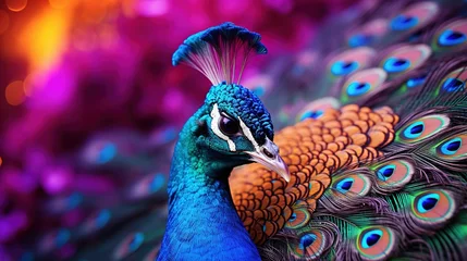 Zelfklevend Fotobehang Colorful exotic background. Peacock background with bright purple and blue peacock feathers © Irina Sharnina