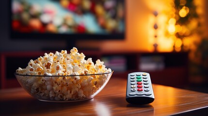Popcorn in a glass bowl and remote control in front of the TV in a home interior. Watching TV shows and series, cable TV background