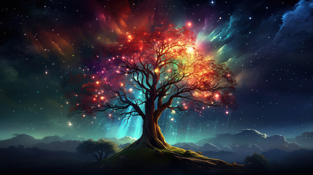 Fantasy tree in the night sky with stars and nebula, Bright color. Generative Ai