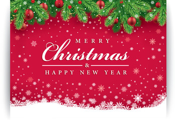 Merry Christmas greeting card on red background with traditional decorations
- 645364009