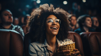 Young afro american woman with popcorn watching with interest a movie in the cinema and laughing.