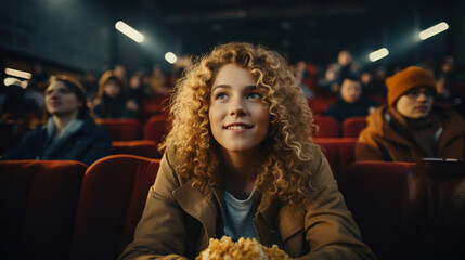 Young woman with popcorn watching with interest a movie in the cinema and laughing.