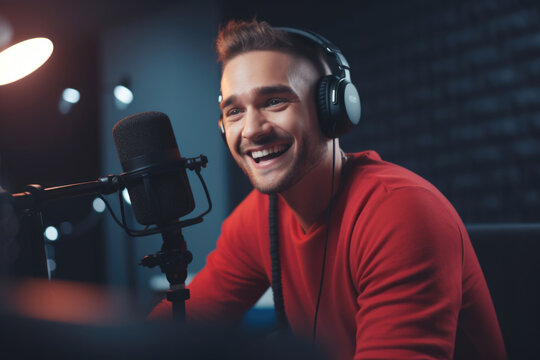 Young man host in headphones enjoying podcasting in his home studio. Handsome podcaster laughing while streaming live audio podcast

