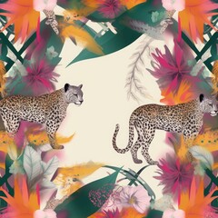 Silk scarf design. Creative contemporary collage with leopards and flowers. Fashionable template for design, Generative AI - obrazy, fototapety, plakaty