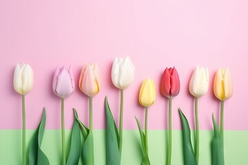 A vibrant row of tulips against a colorful backdrop