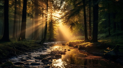 wild forest trees with sun ray on field and lake,river at sunset