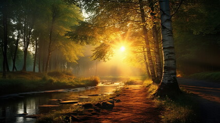 wild forest trees with sun ray on field and lake,river at sunset