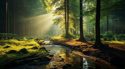 wild forest trees with sun ray on field and lake,river at sunset