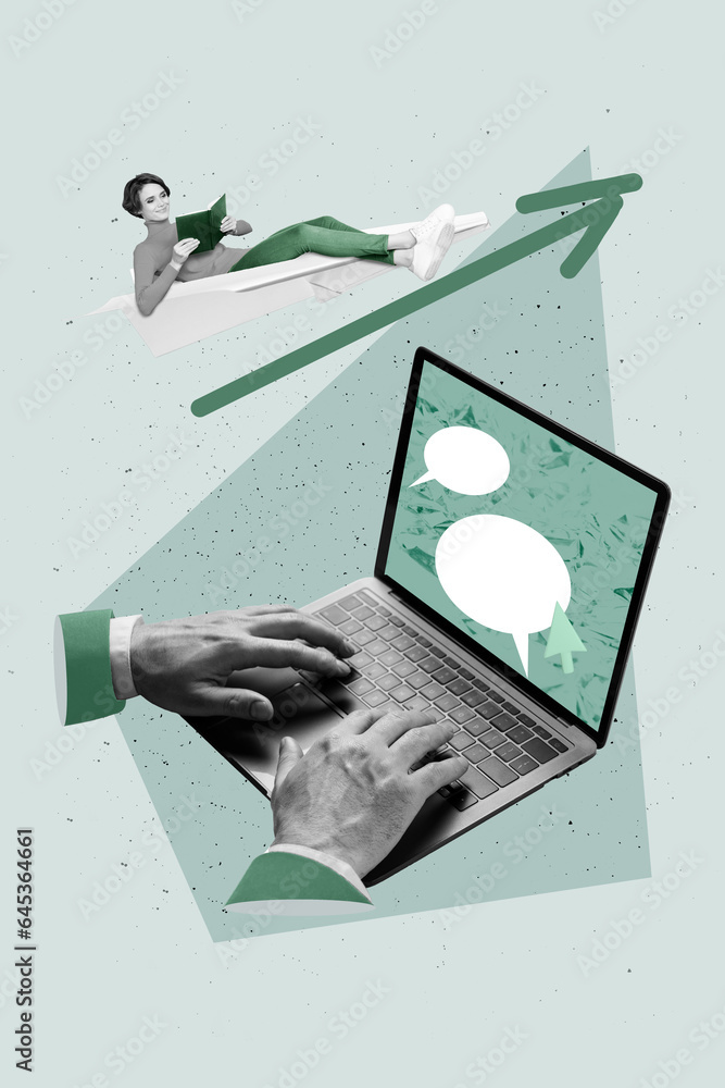 Poster vertical collage picture of black white colors man arms fingers write message netbook display dialog