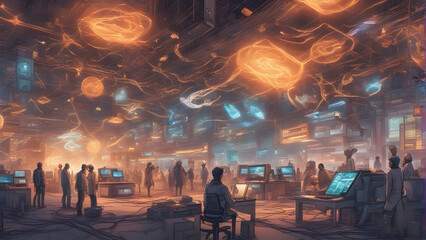 A team of professionals navigating advanced technology in the office of the future. Generative AI