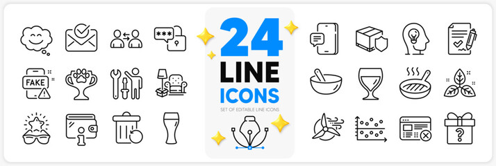 Icons set of Lock, Reject web and Cooking mix line icons pack for app with Wine glass, Fair trade, Delivery insurance thin outline icon. Winner cup, Dot plot, Repairman pictogram. Vector