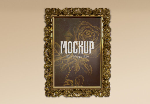 Ornamented Gold Frame Mockup on a Clean Classy Colour Wall