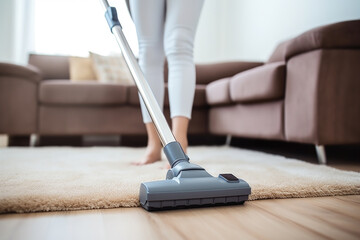 Woman using a vacuum cleaner while cleaning carpet  in the house.