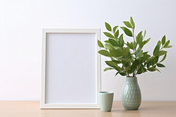 green leaves bouquet and blank photo frame