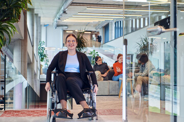 In a modern office, a young businesswoman in a wheelchair is surrounded by her supportive colleagues, embodying the spirit of inclusivity and diversity in the workplace