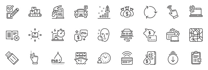 Icons pack as Money, Scroll down and Time management line icons for app include Cursor, Piggy bank, Recycling outline thin icon web set. Reject checklist, Check investment, Software pictogram. Vector