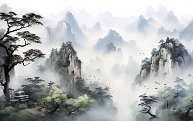 landscape with fog, Ink landscape painting in Chinese style and watercolor landscape painting of gentle mountains