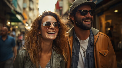 Happy couple in eyewear enjoys leisure time in the sun.