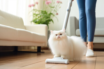 Woman using a vacuum cleaner while cleaning carpet in the house. Vacuuming cat hair