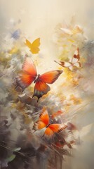 Obraz na płótnie Canvas Orange butterflies in flight against a clear blue sky