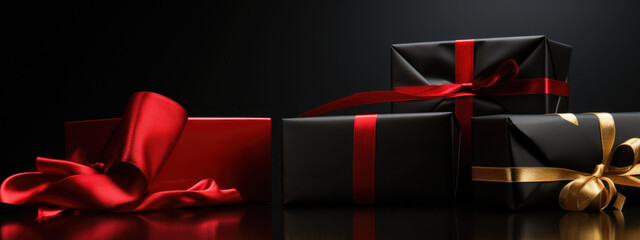 A dark background sets the stage for black gift boxes, symbolizing the excitement of Black Friday discounts.