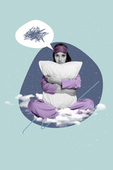 Vertical photo picture collage illustration of cute funny woman hugs her pillow nightwear pajama...