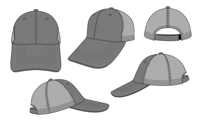 Gray Mesh Baseball Cap With Adjustable Hook-Loop Strap Back Template on White Background