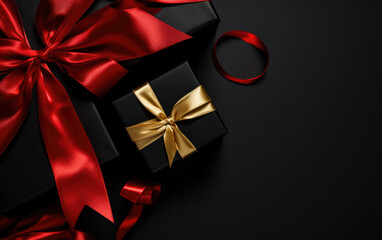 On a dark surface, black gift boxes are meticulously organized, highlighting the allure of Black Friday deals.