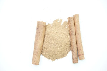 Cinnamon sticks and powder isolated on white background