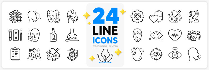 Icons set of Fever, Blood and Coronavirus line icons pack for app with Face id, Alcohol free, Selenium mineral thin outline icon. Checklist, Face accepted, Heartbeat pictogram. Vector