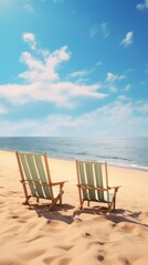 Fototapeta na wymiar Two beach chairs set up on a sandy beach