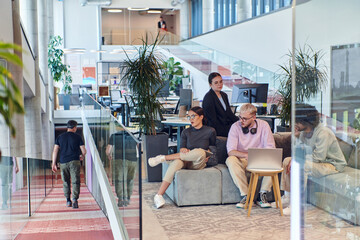 In a modern startup office, a diverse group of young professionals collaboratively tackles various business problems and challenges, surrounded by their engaged colleagues, fostering innovation and