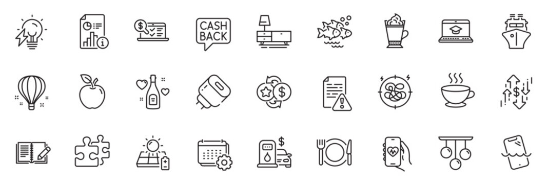 Icons pack as Dresser, Website education and Ship line icons for app include Charging adapter, Report, Loyalty points outline thin icon web set. Filling station, Fish school. Vector