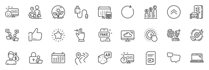 Icons pack as Annual tax, Fingerprint research and Charging cable line icons for app include Green energy, Augmented reality, Online voting outline thin icon web set. Lock, Inspect. Vector