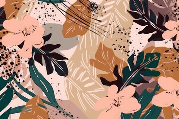 Modern exotic jungle plants illustration pattern. Creative collage contemporary floral seamless pattern. Fashionable template for design, Generative AI
