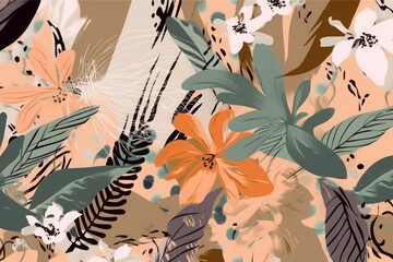 Modern exotic jungle plants illustration pattern. Creative collage contemporary floral seamless pattern. Fashionable template for design, Generative AI