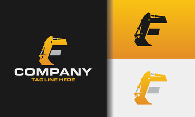 Letter F excavator logo template vector. Heavy equipment logo vector for construction company. Creative excavator illustration for logo template.
