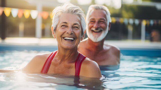 A retired couple participating in a water aerobics class, staying fit and cool in the pool, elderly couples
