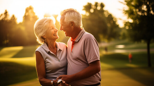 A senior couple practicing their swing on the golf course, bonding over a shared love for the sport, elderly couples - Powered by Adobe