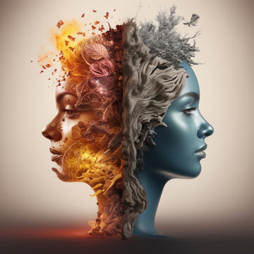 head of the mind, masking image half of brain of women and top of half brain with creative ideas including,  AI Generated