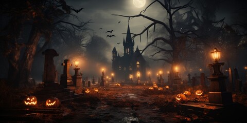 Fototapeta na wymiar Twilight Spooks grave,castle horror, Jack-o'-Lanterns, Old Cemetery, Creepy Backdrop