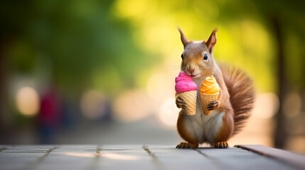 squirrel eating ice-cream, A mischievous squirrel in a city park, perched on a bench, nibbling on a colorful ice cream cone, AI Generative