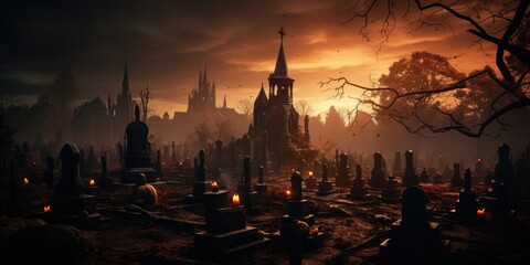 Twilight Spooks grave,castle horror, Jack-o'-Lanterns, Old Cemetery, Creepy Backdrop