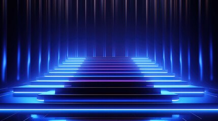 3d render, abstract blue neon background, glowing vertical lines, illuminated stairs. Generative Ai